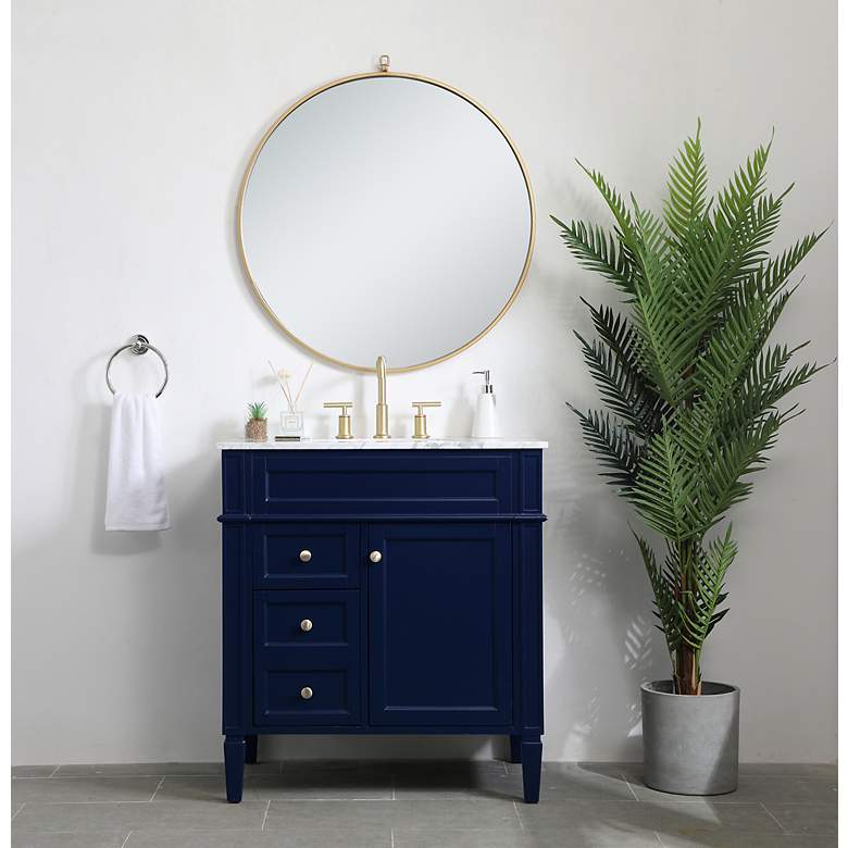 Image 7 32-Inch Blue Single Sink Bathroom Vanity with Carrara White Marble Top more views