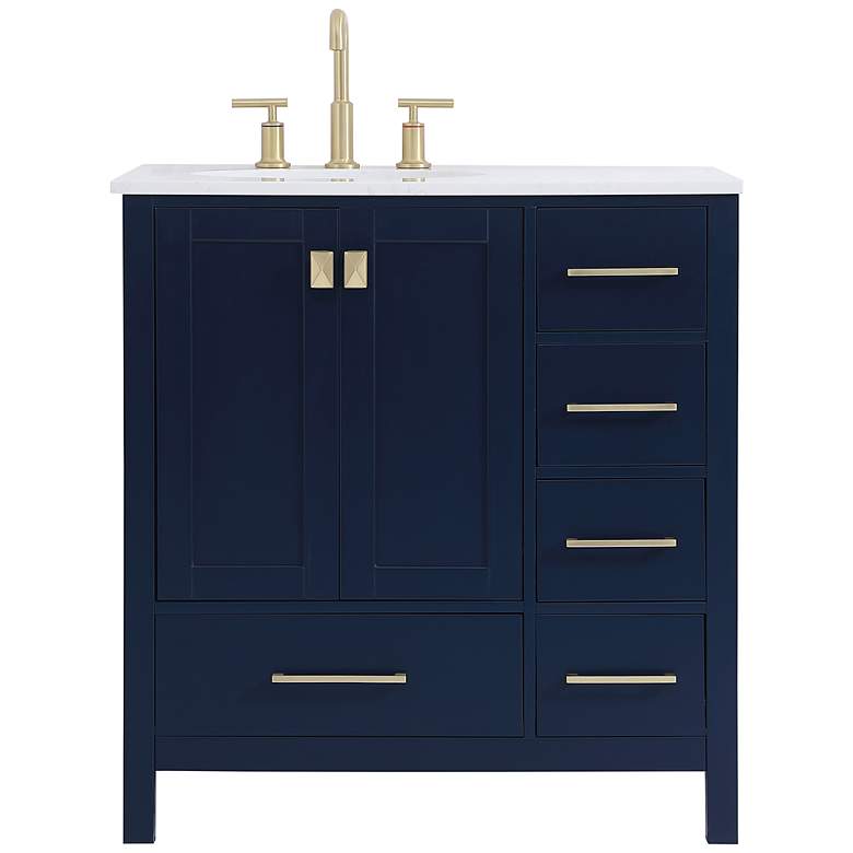 Image 3 32-Inch Blue Single Sink Bathroom Vanity With White Calacatta Quartz Top