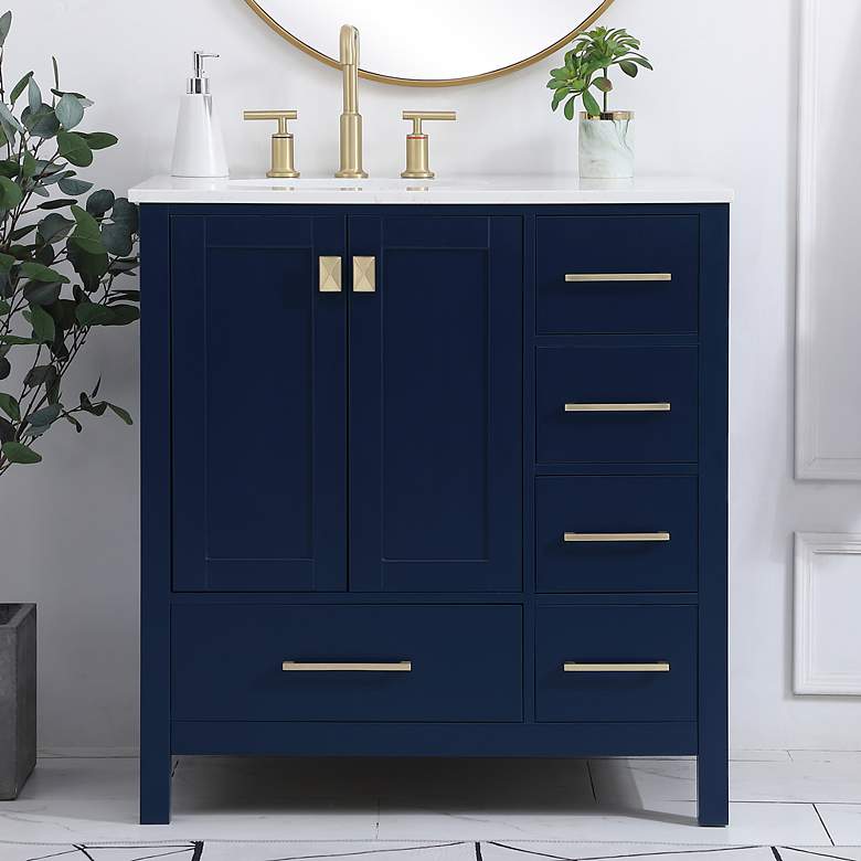 Image 2 32-Inch Blue Single Sink Bathroom Vanity With White Calacatta Quartz Top