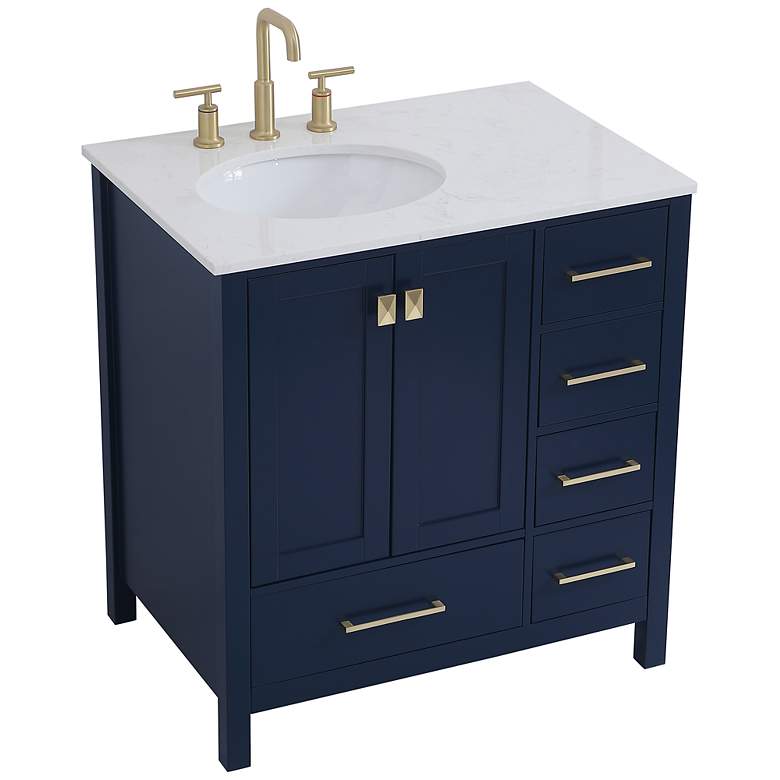 Image 6 32-Inch Blue Single Sink Bathroom Vanity With White Calacatta Quartz Top more views
