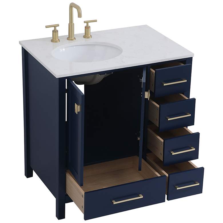 Image 7 32-Inch Blue Single Sink Bathroom Vanity With White Calacatta Quartz Top more views
