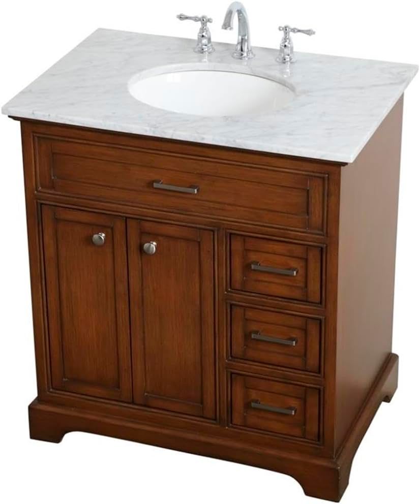 Image 4 32-Inch Teak Single Sink Bathroom Vanity with Carrara White Marble Top more views