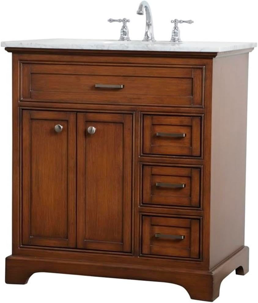 Image 5 32-Inch Teak Single Sink Bathroom Vanity with Carrara White Marble Top more views