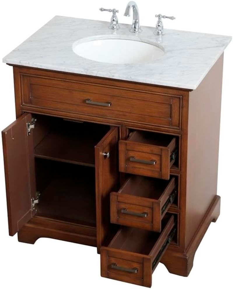 Image 6 32-Inch Teak Single Sink Bathroom Vanity with Carrara White Marble Top more views