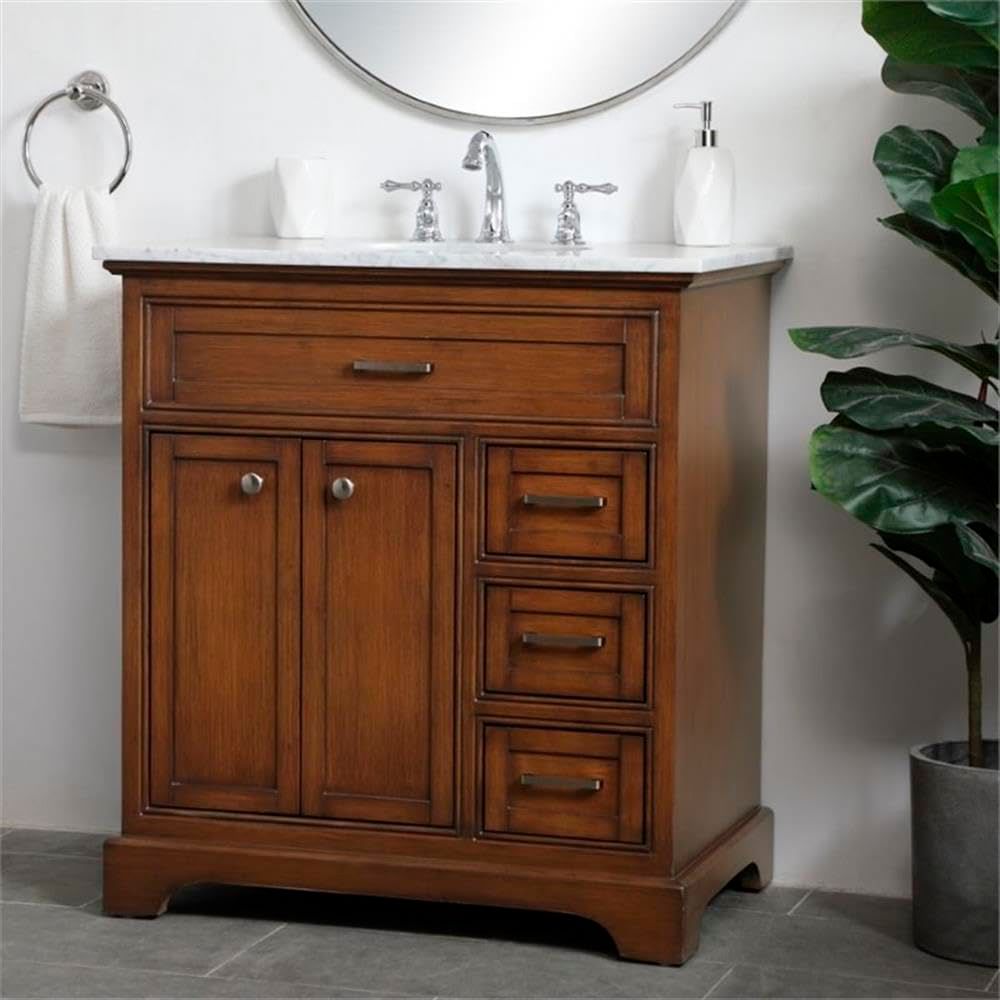32-Inch Teak Single Sink Bathroom Vanity with Carrara White Marble Top