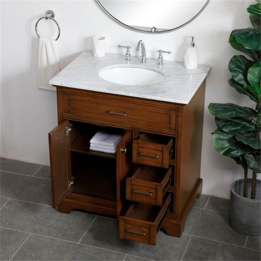32-Inch Teak Single Sink Bathroom Vanity with Carrara White Marble Top