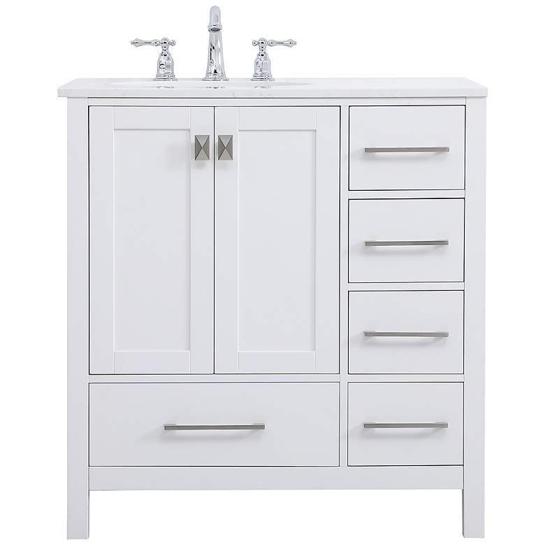 Image 1 32-Inch White Single Sink Bathroom Vanity With White Calacatta Quartz Top