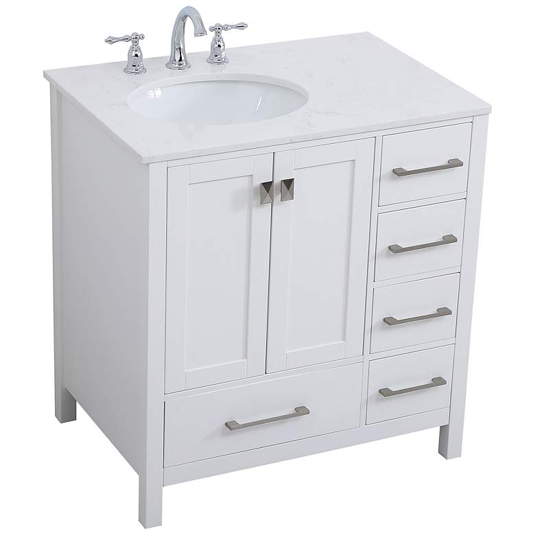 Image 7 32-Inch White Single Sink Bathroom Vanity With White Calacatta Quartz Top more views