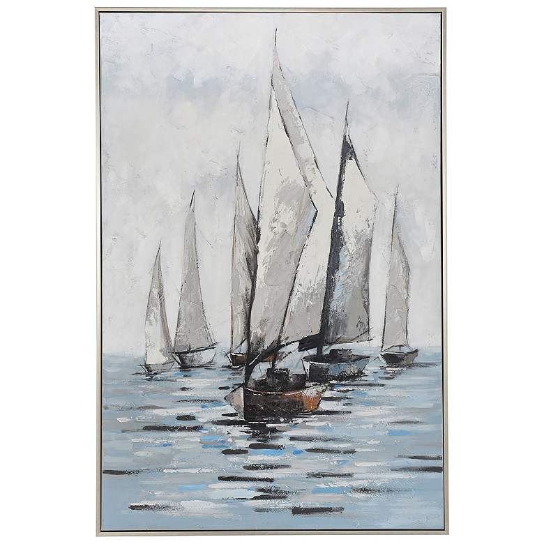 Image 2 32" x 47" Boats Silver Frame Blue & Ivory Hand Painted Canvas