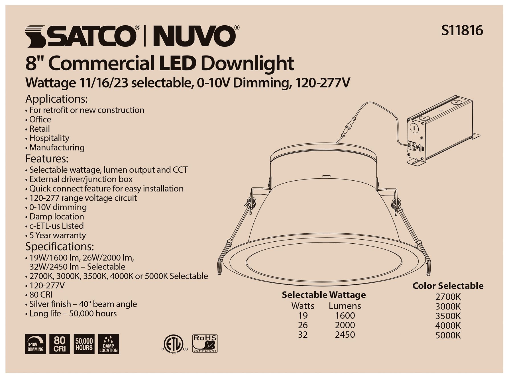 Image 4 32 Watt Commercial LED Downlight; 8 in.; Color Adjustable; Lumen Adjustable more views