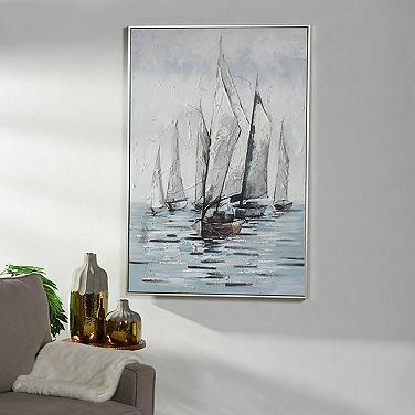32" x 47" Boats Silver Frame Blue & Ivory Hand Painted Canvas