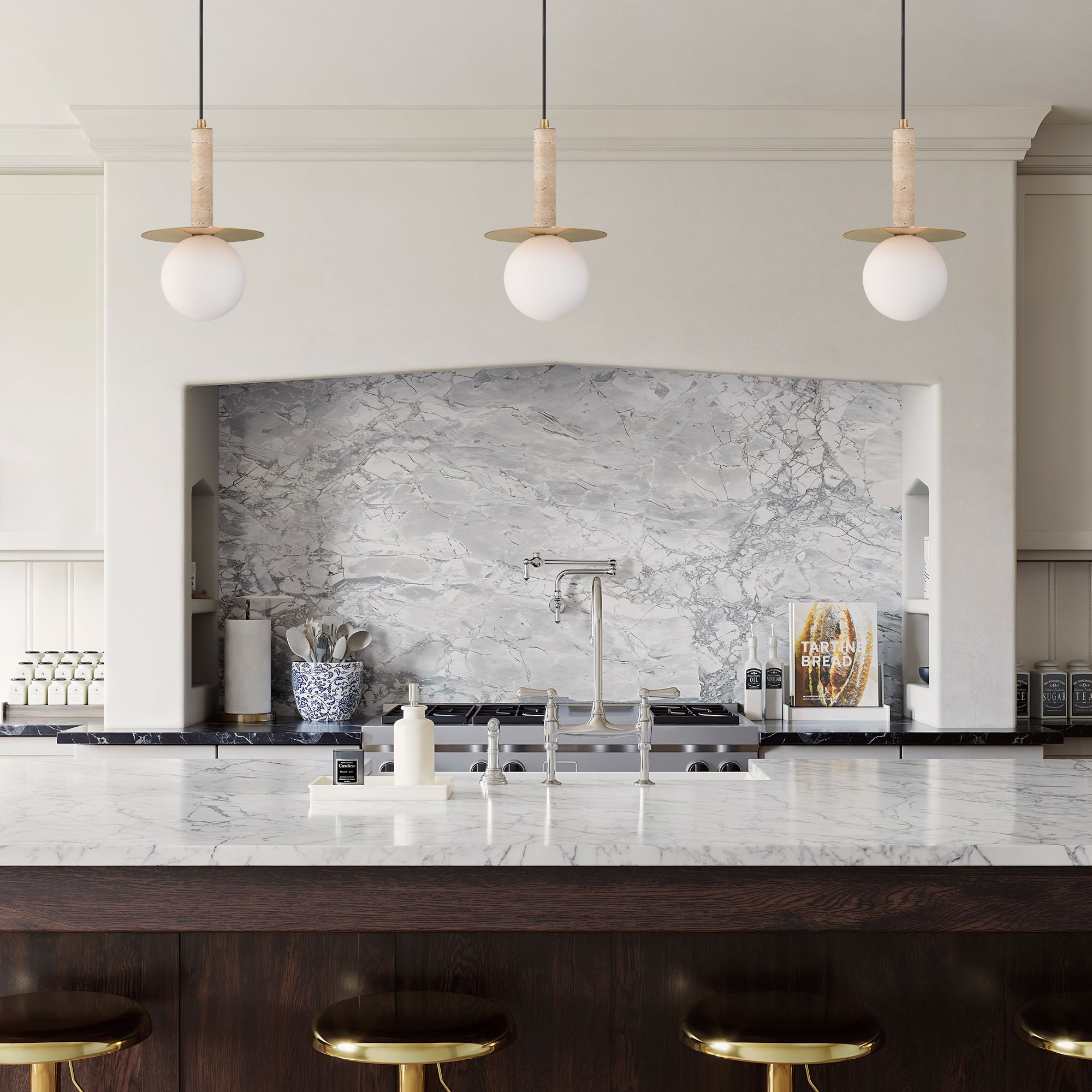 Image 1 Possini Euro Halovar 8 1/2"W Brass Travertine LED Mini Pendant Light in scene