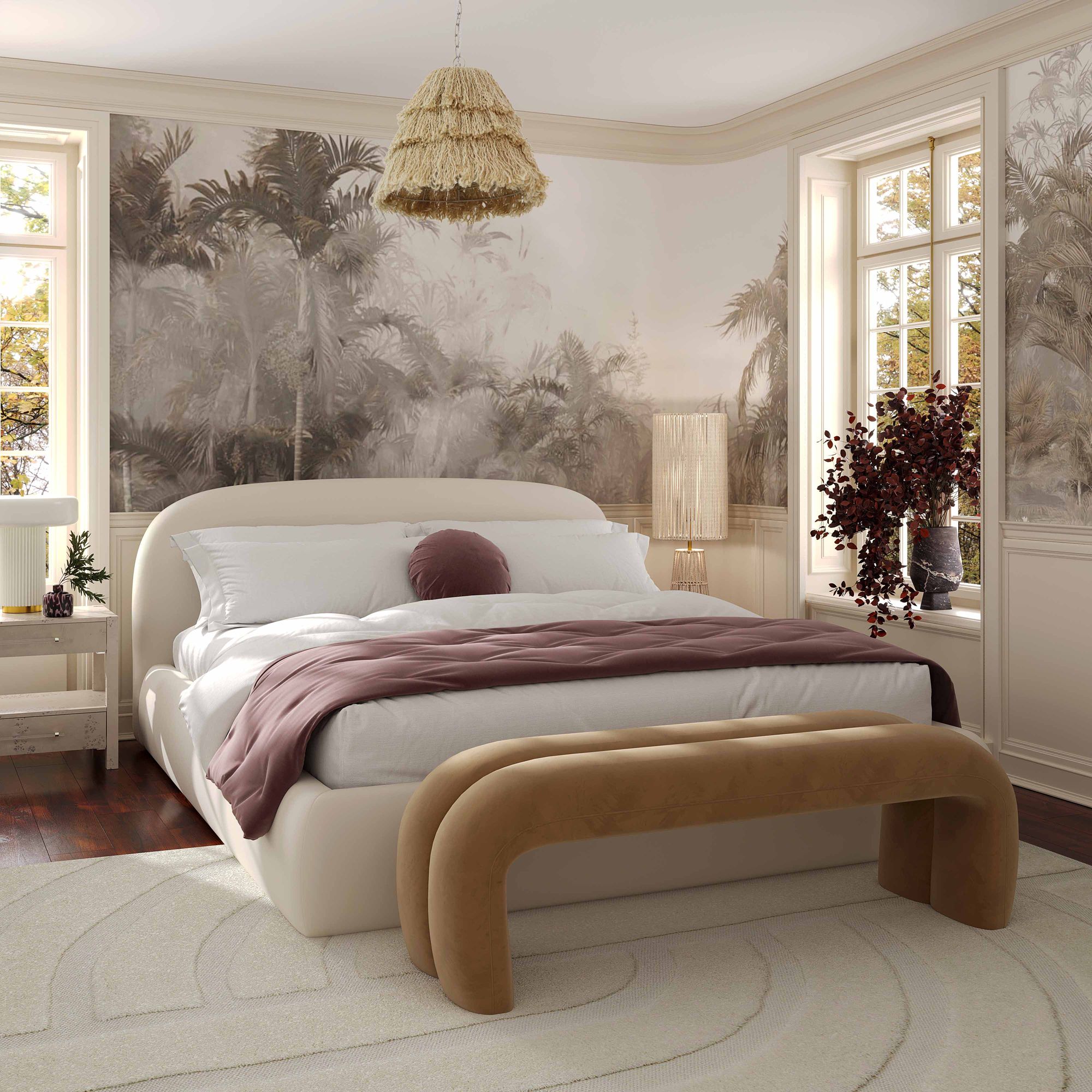 Thumbnail1 of TOV Bara Modern Cream Textured Velvet Fabric King Size Bed in scene