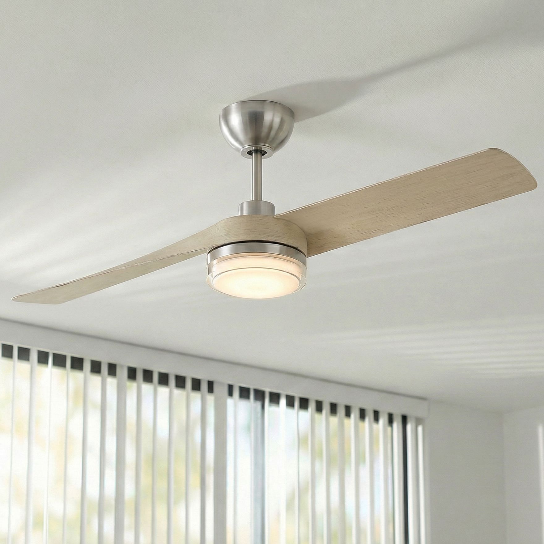 Image 1 52" Casa Vieja Linea Nickel and Wood Indoor/Outdoor LED Ceiling Fan in scene