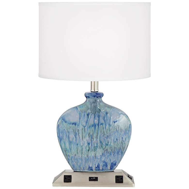 Image 1 33M36 - Blue Ceramic Table Lamp with 2 Outlets and 1 USB