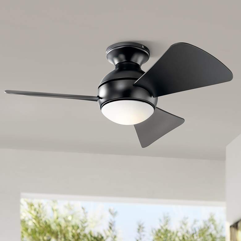 Image 1 34 inch Kichler Sola Black Wet Rated LED Hugger Fan with Wall Control