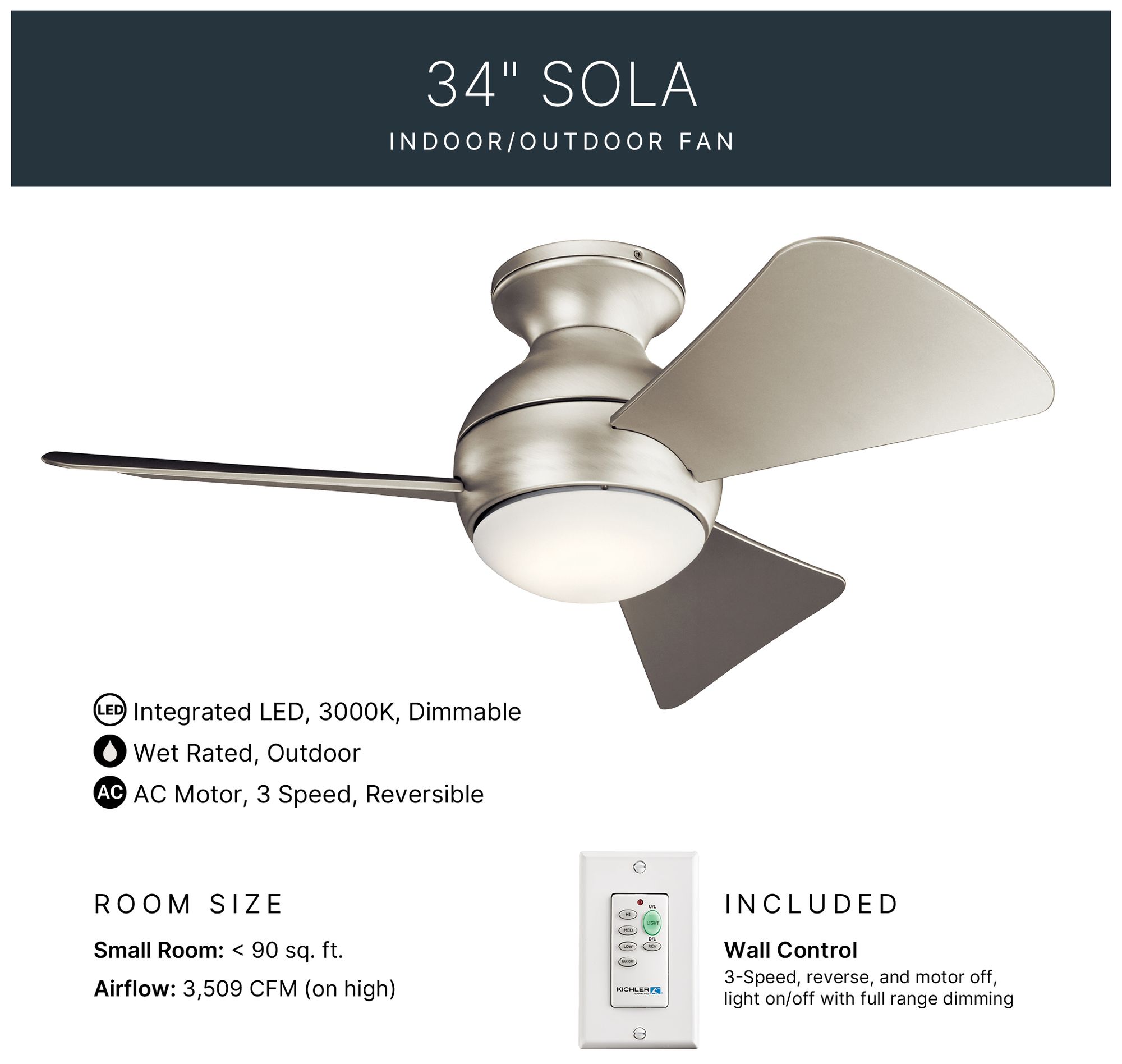 Image 5 34" Kichler Sola Satin Nickel Wet Rated LED Hugger Ceiling Fan more views