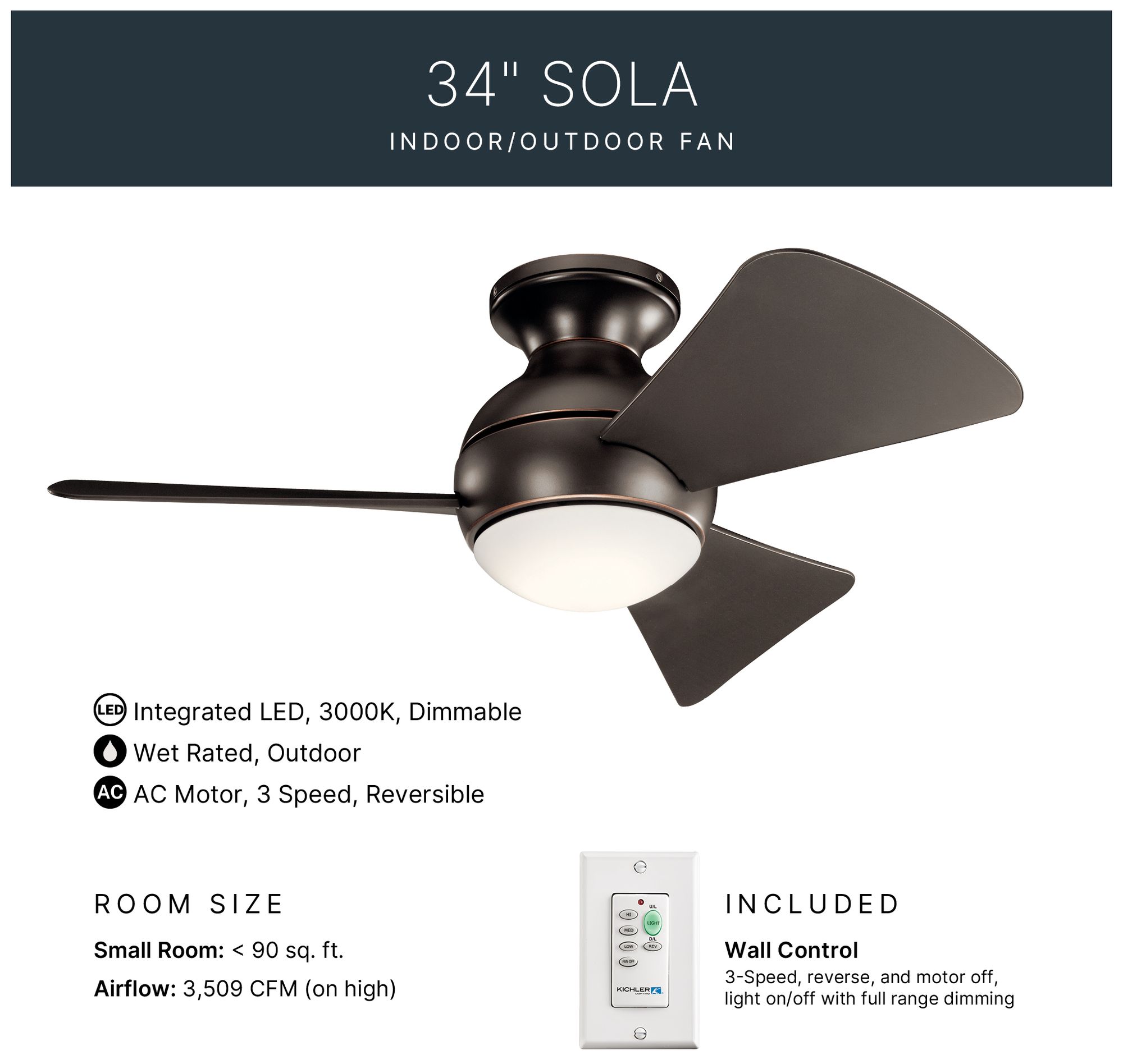 Image 4 34" Sola Olde Bronze Wet LED Hugger Ceiling Fan with Wall Control more views