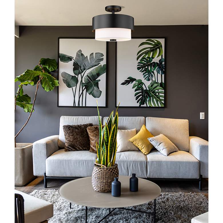 Image 1 Counterpoint 13" Wide Matte Black Drum Ceiling Light in scene