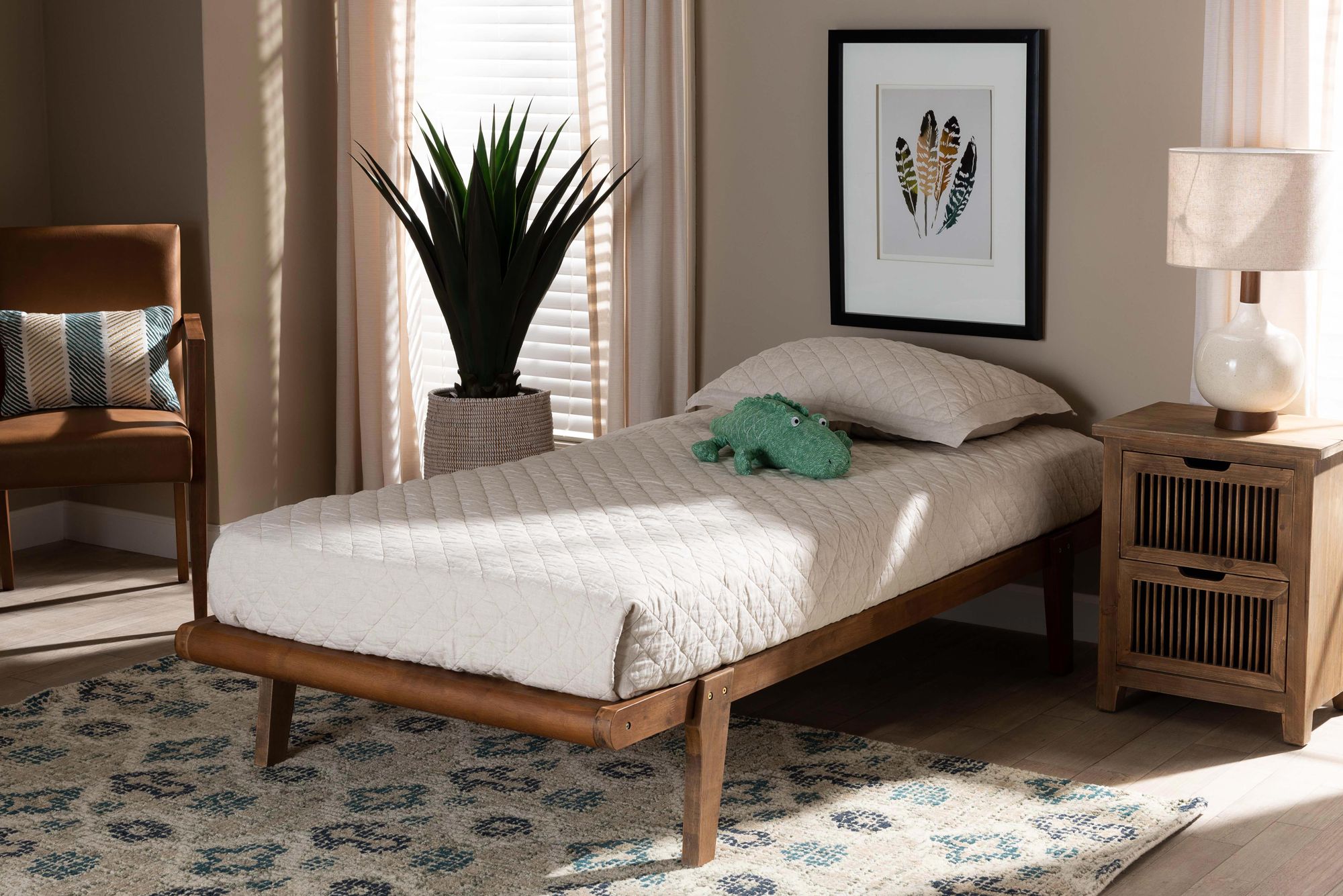 Thumbnail1 of Baxton Studio Kaia Ash Walnut Twin Size Platform Bed Frame in scene