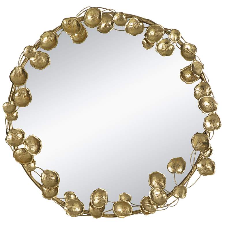 Image 1 35.2" Diameter Gold Round Wall Mirror with Golden Leaf Accents