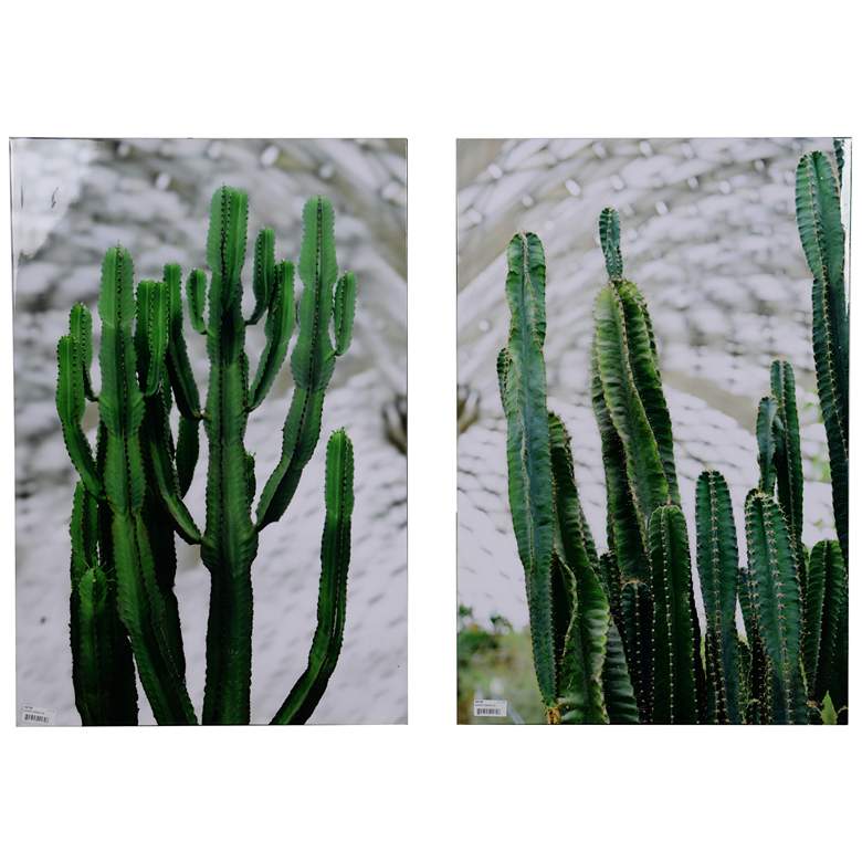 Image 1 35.4" x 23.6" Green and White Twin Cacti Print - Set of 2