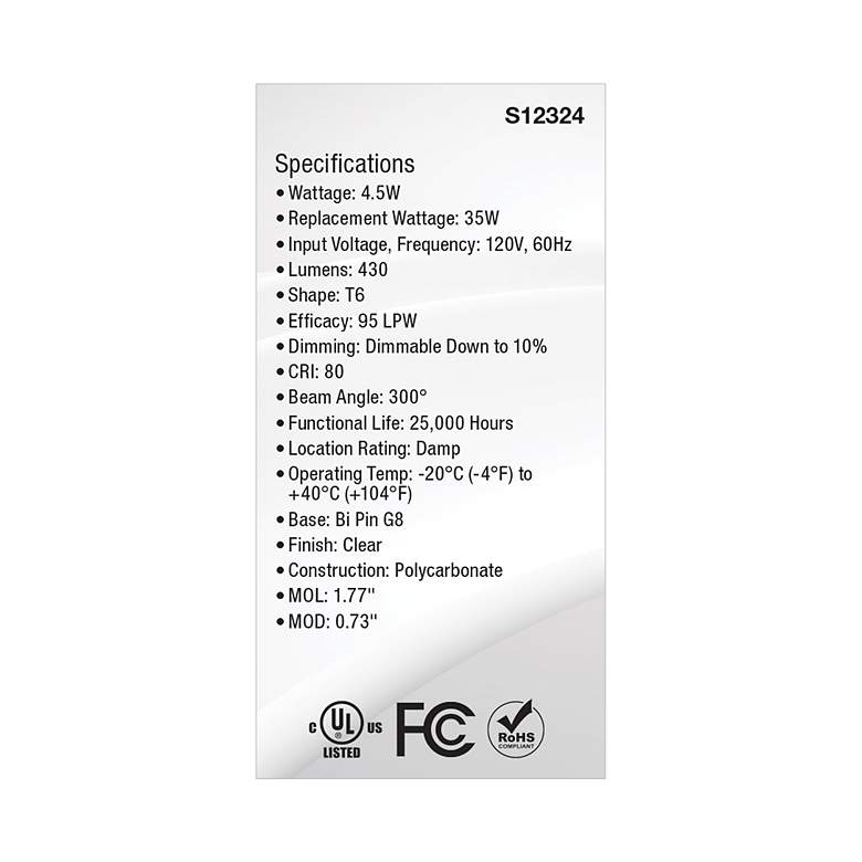 Image 5 35 Watt Equivalent Satco Clear 4.5W LED Dimmable Bi-Pin Bulb more views