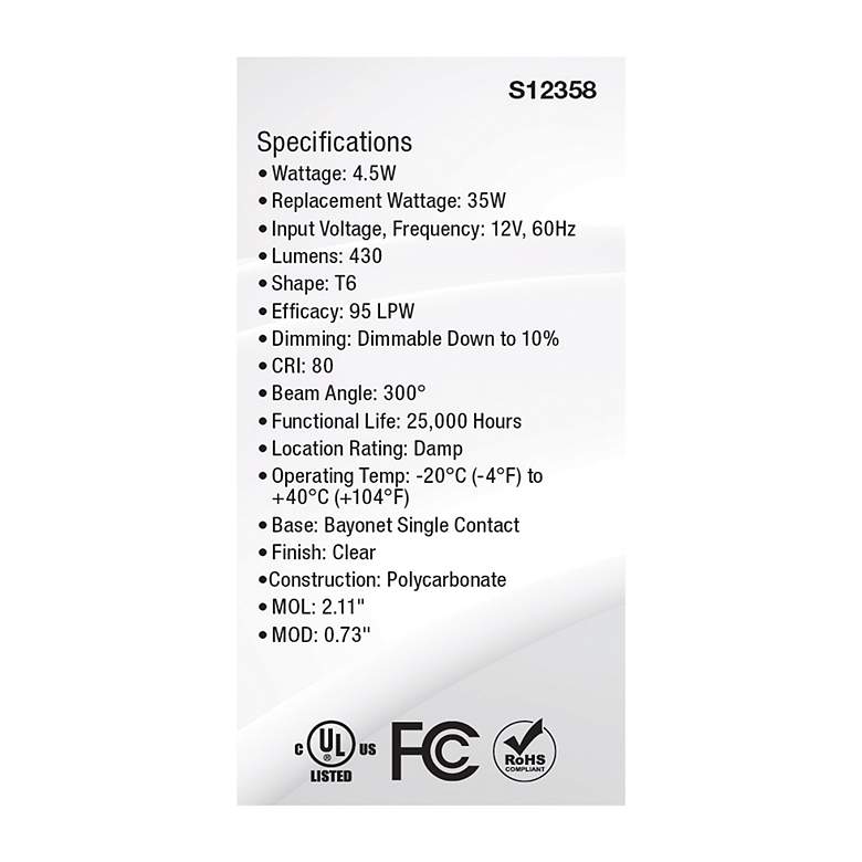 Image 5 35W Equivalent Satco Clear 4.5W LED Dimmable Bayonet Bulb more views