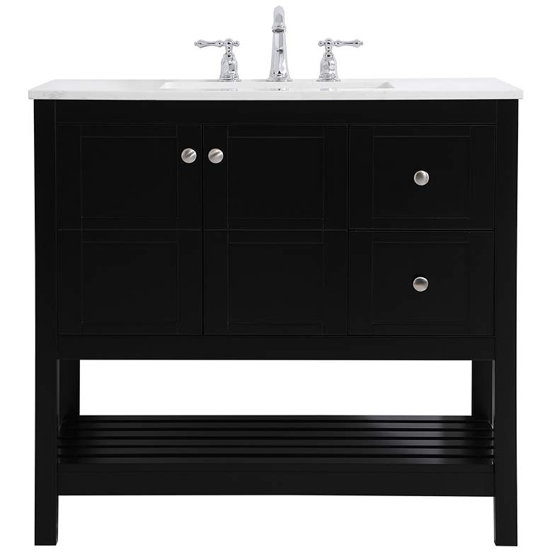 Image 1 36-Inch Black Single Sink Bathroom Vanity With White Calacatta Quartz Top