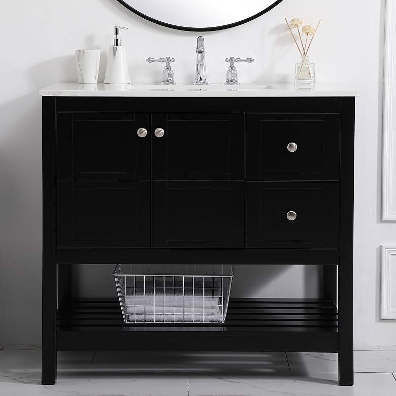 Image 1 36-Inch Black Single Sink Bathroom Vanity With White Calacatta Quartz Top