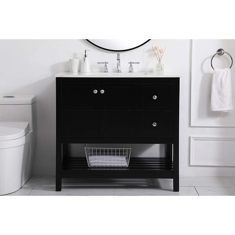 Image 3 36-Inch Black Single Sink Bathroom Vanity With White Calacatta Quartz Top more views