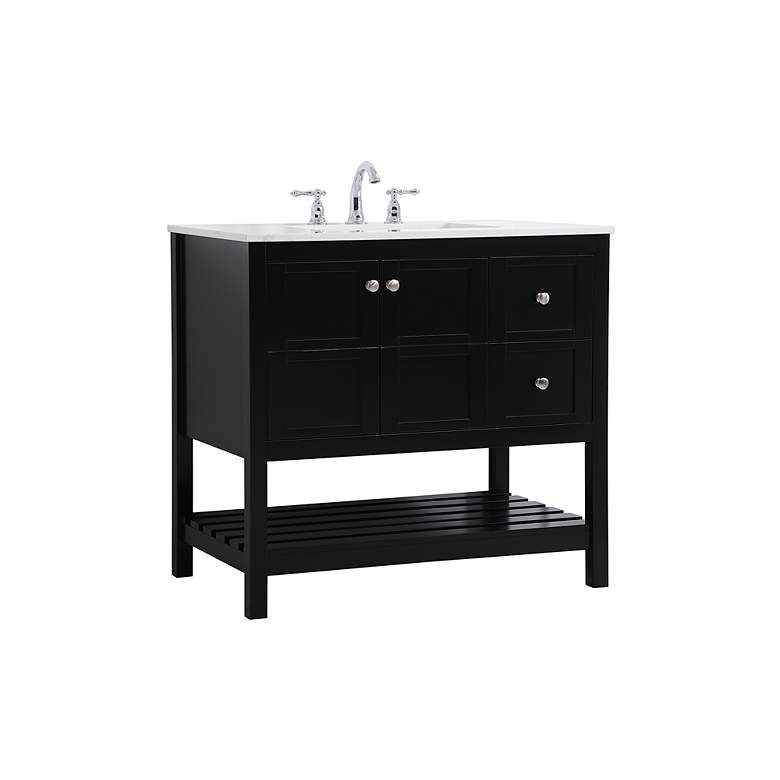 Image 4 36-Inch Black Single Sink Bathroom Vanity With White Calacatta Quartz Top more views