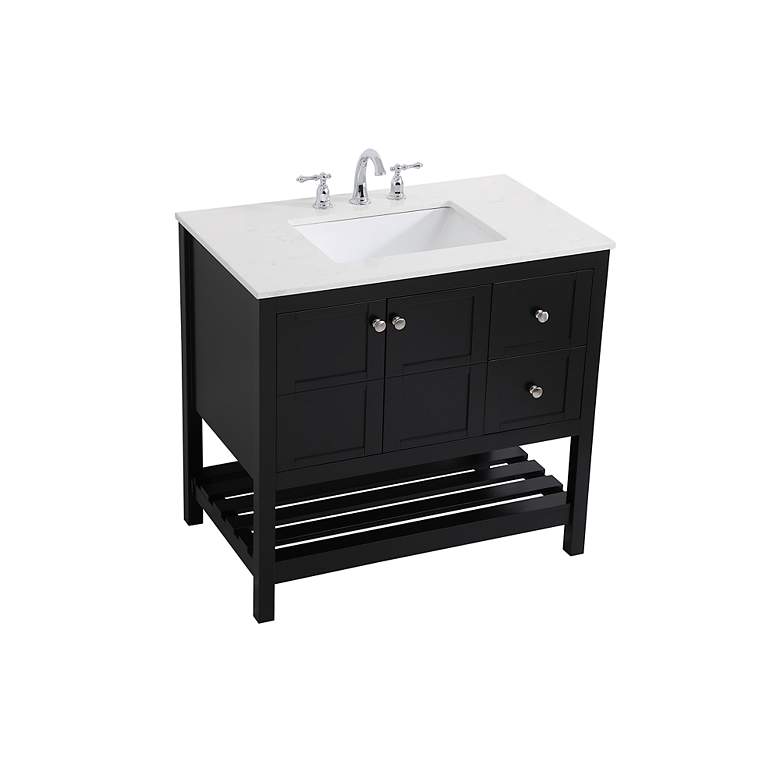 Image 5 36-Inch Black Single Sink Bathroom Vanity With White Calacatta Quartz Top more views