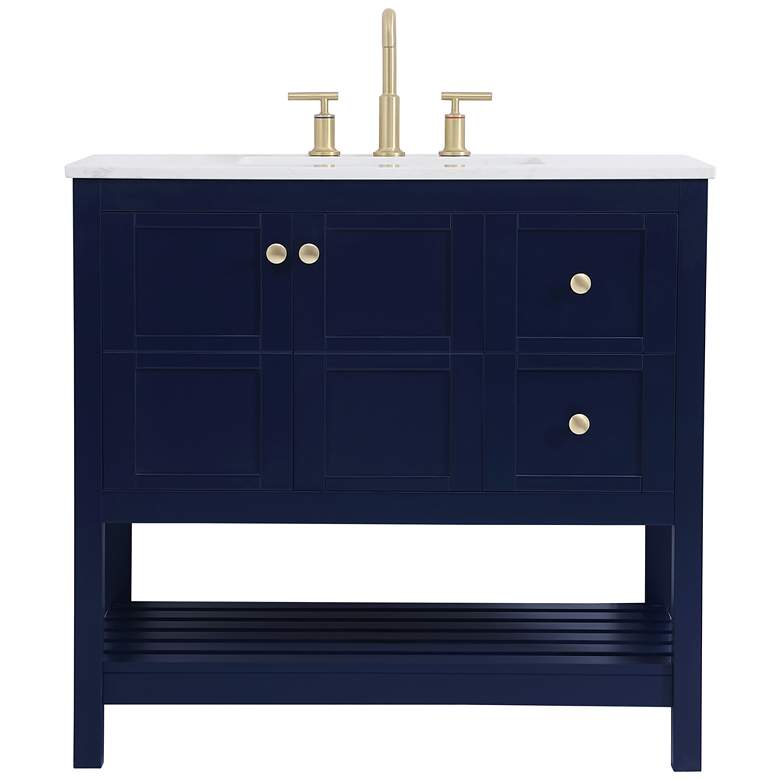 Image 2 36-Inch Blue Single Sink Bathroom Vanity w/ White Calacatta Quartz Top