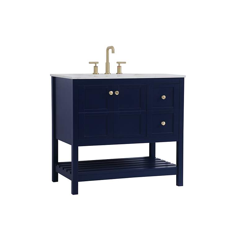 Image 3 36-Inch Blue Single Sink Bathroom Vanity w/ White Calacatta Quartz Top more views
