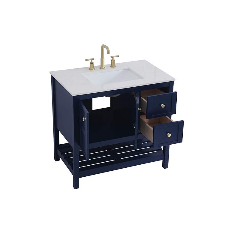 Image 5 36-Inch Blue Single Sink Bathroom Vanity w/ White Calacatta Quartz Top more views