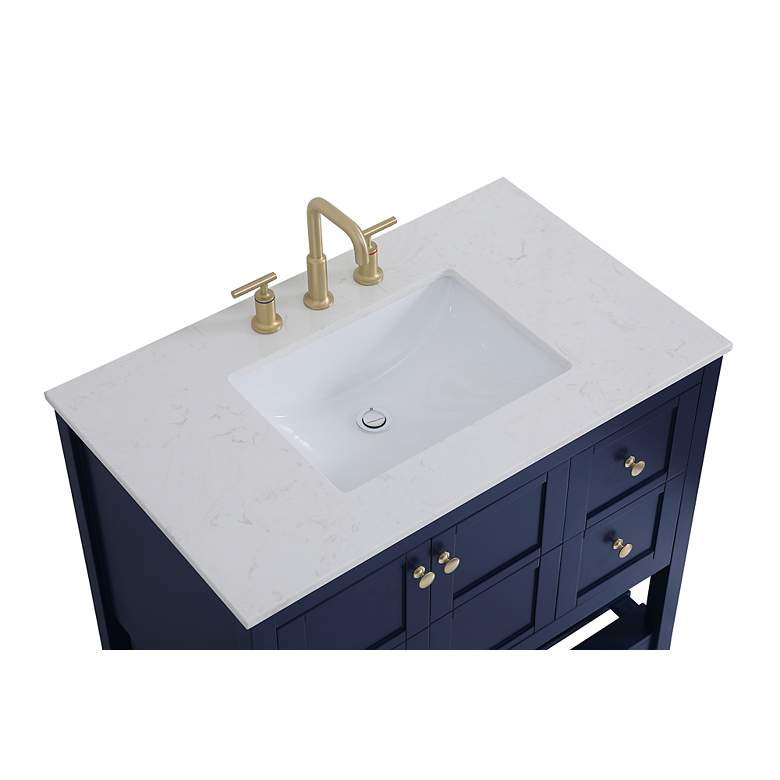Image 6 36-Inch Blue Single Sink Bathroom Vanity w/ White Calacatta Quartz Top more views