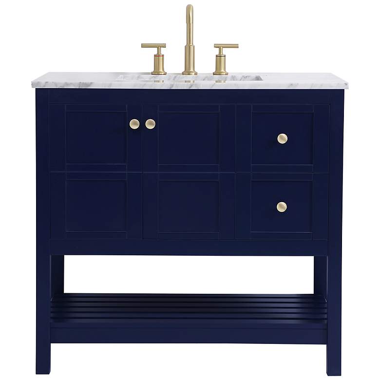 Image 2 36-Inch Blue Single Sink Bathroom Vanity With Carrara White Marble Top