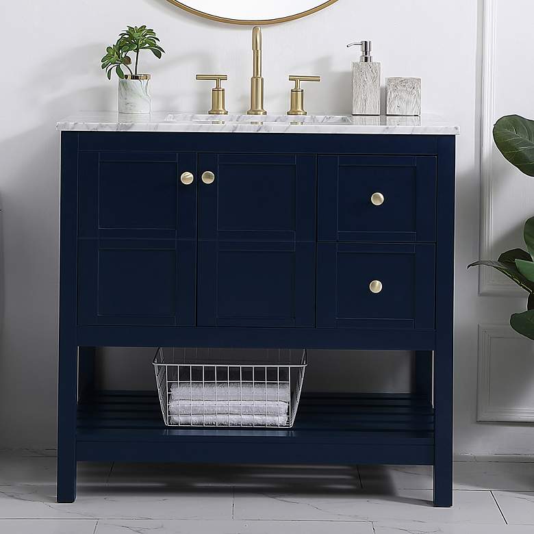 Image 1 36-Inch Blue Single Sink Bathroom Vanity With Carrara White Marble Top