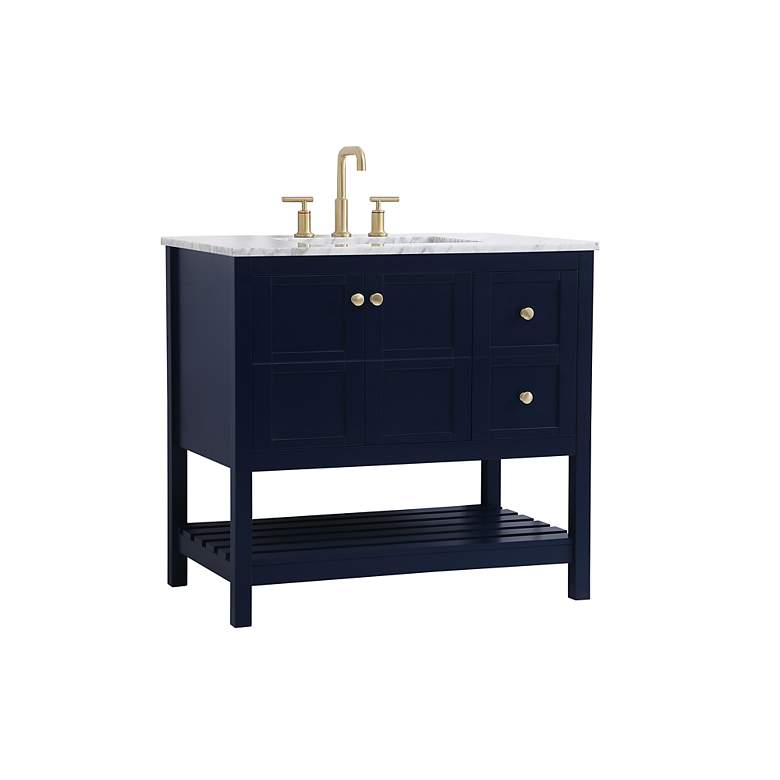 Image 3 36-Inch Blue Single Sink Bathroom Vanity With Carrara White Marble Top more views