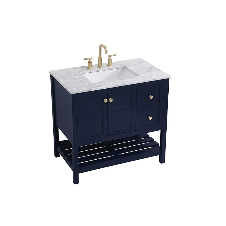 Image 4 36-Inch Blue Single Sink Bathroom Vanity With Carrara White Marble Top more views