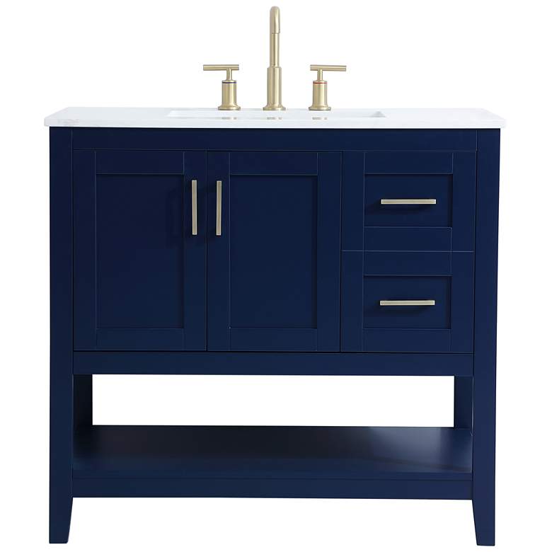 Image 1 36-Inch Blue Single Sink Bathroom Vanity With White Calacatta Quartz Top