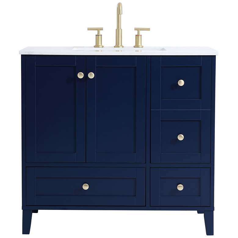 Image 1 36-Inch Blue Single Sink Bathroom Vanity With White Calacatta Quartz Top
