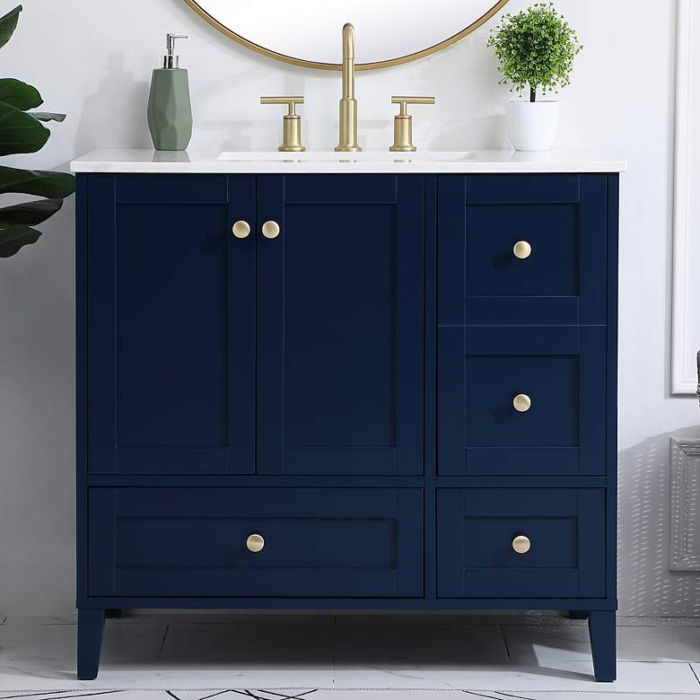 Image 1 36-Inch Blue Single Sink Bathroom Vanity With White Calacatta Quartz Top