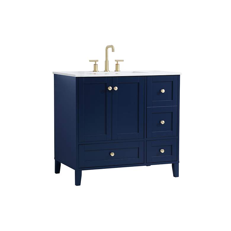 Image 3 36-Inch Blue Single Sink Bathroom Vanity With White Calacatta Quartz Top more views