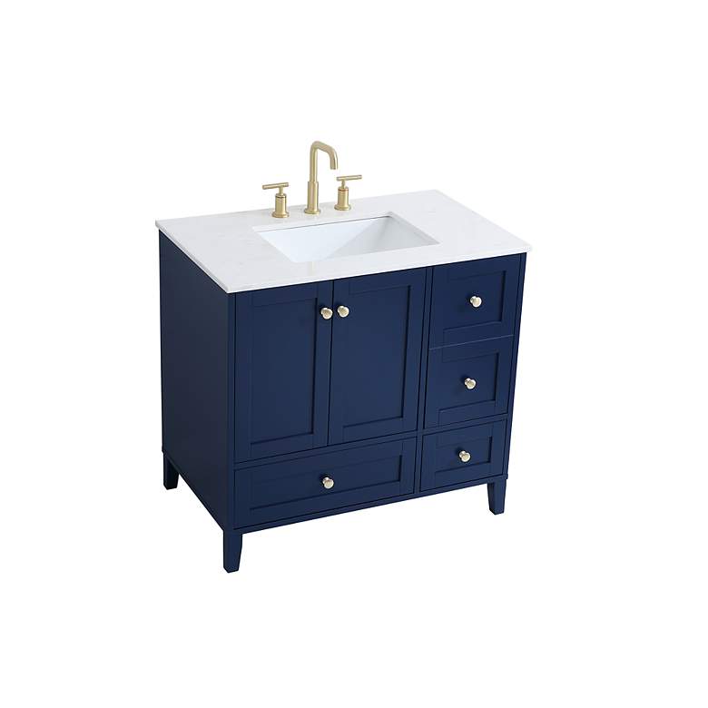 Image 4 36-Inch Blue Single Sink Bathroom Vanity With White Calacatta Quartz Top more views