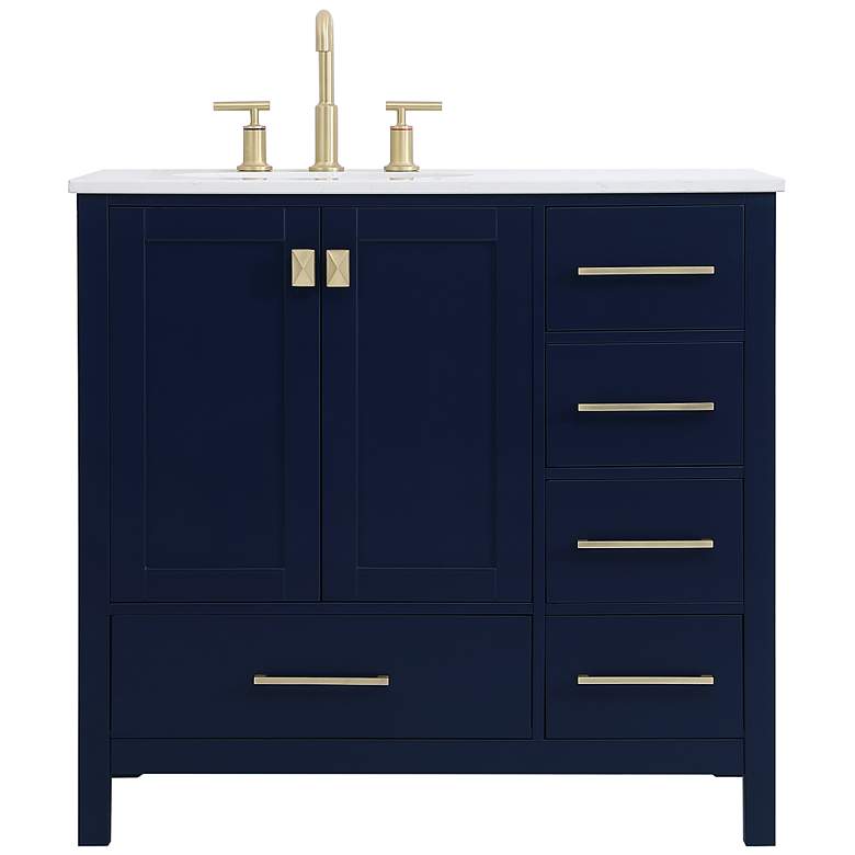 Image 1 36-Inch Blue Single Sink Bathroom Vanity With White Calacatta Quartz Top