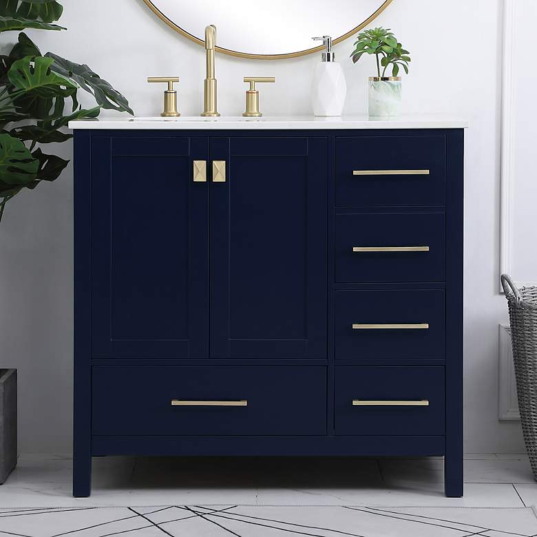 Image 1 36-Inch Blue Single Sink Bathroom Vanity With White Calacatta Quartz Top