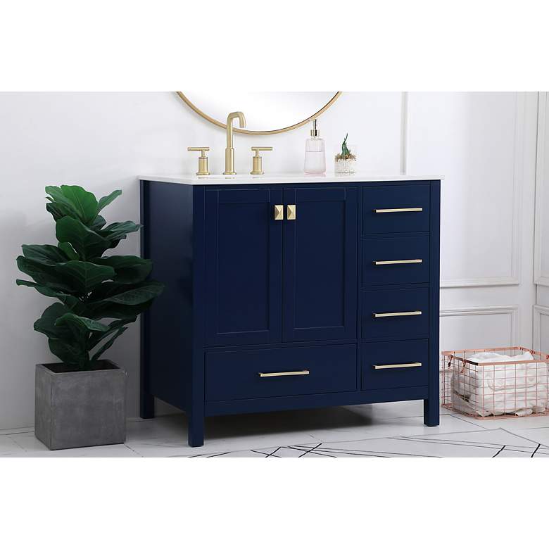 Image 3 36-Inch Blue Single Sink Bathroom Vanity With White Calacatta Quartz Top more views