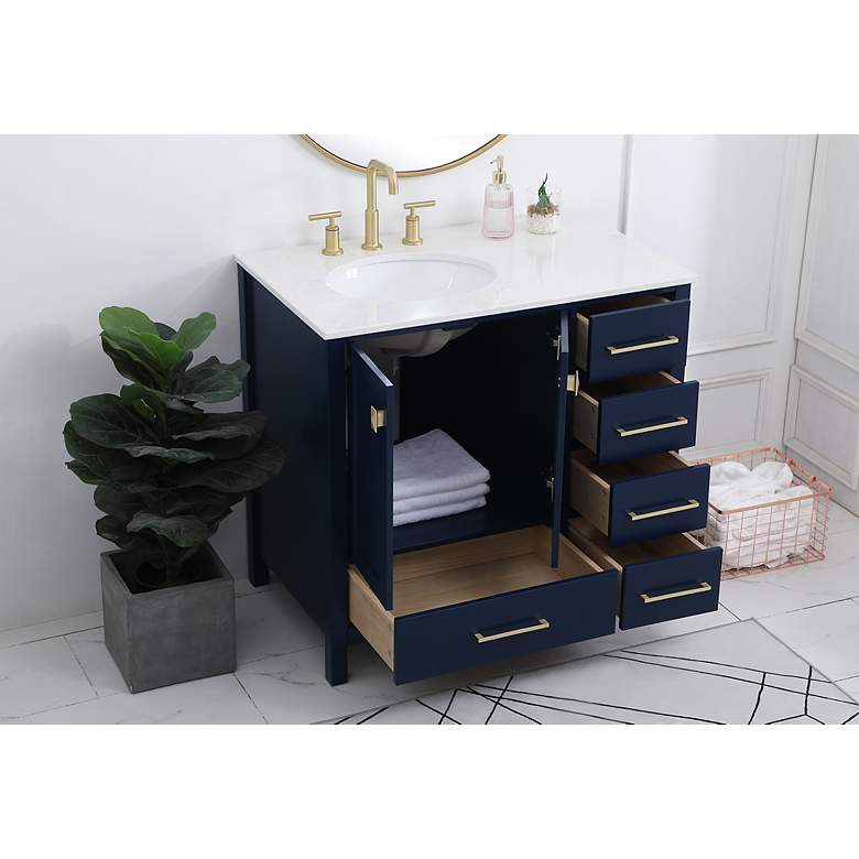 Image 4 36-Inch Blue Single Sink Bathroom Vanity With White Calacatta Quartz Top more views